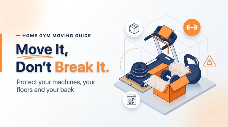 Home gym equipment packed for moving, including a treadmill