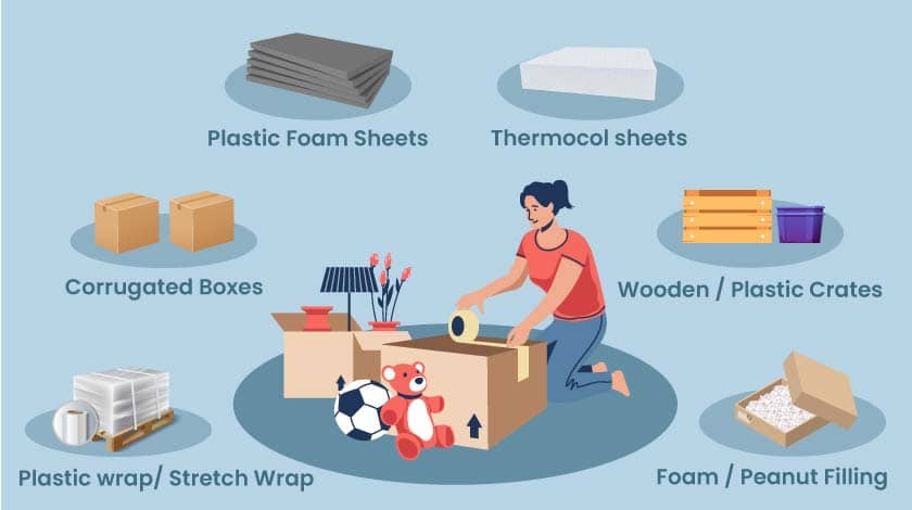 Illustration of Girl packing and icons of packing materials displayed around
