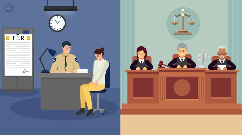 Illustration of Lady at Police Station and Judges in a Court