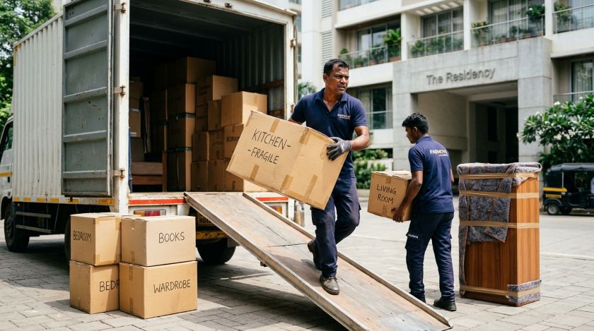 Professional movers carrying boxes into a moving truck outside a Hyderabad apartment building