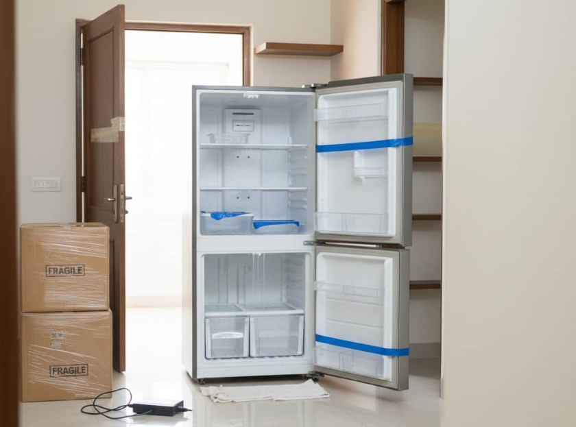 Fridge upright transport diagram with tilt limit and resting period