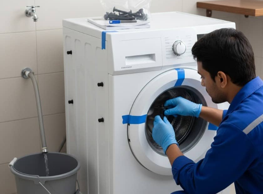 Installing washer transit bolts and draining hoses