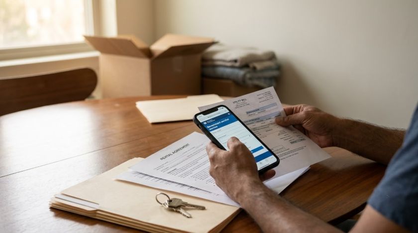 Person with Aadhaar card and rental agreement open on a table ready to update address online