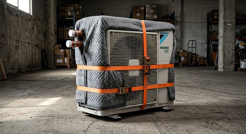 AC outdoor compressor unit secured with movers straps and wrapped in thick moving blanket on floor before loading
