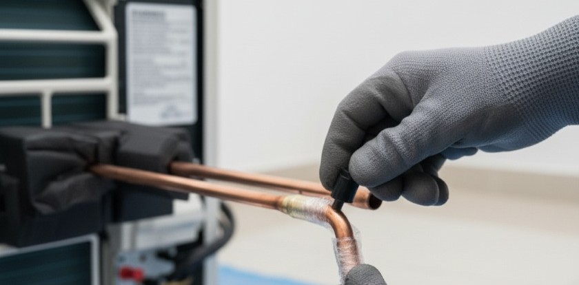 Technician sealing AC copper lines with capped ends