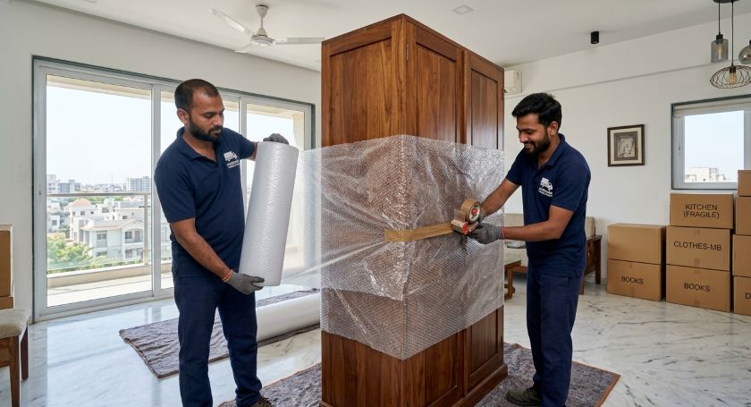 Movers wrapping furniture in bubble wrap during a house shift inside an Ahmedabad apartment