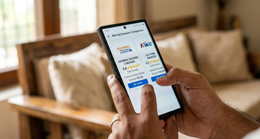 Person comparing star ratings of Ahmedabad movers on smartphone before booking