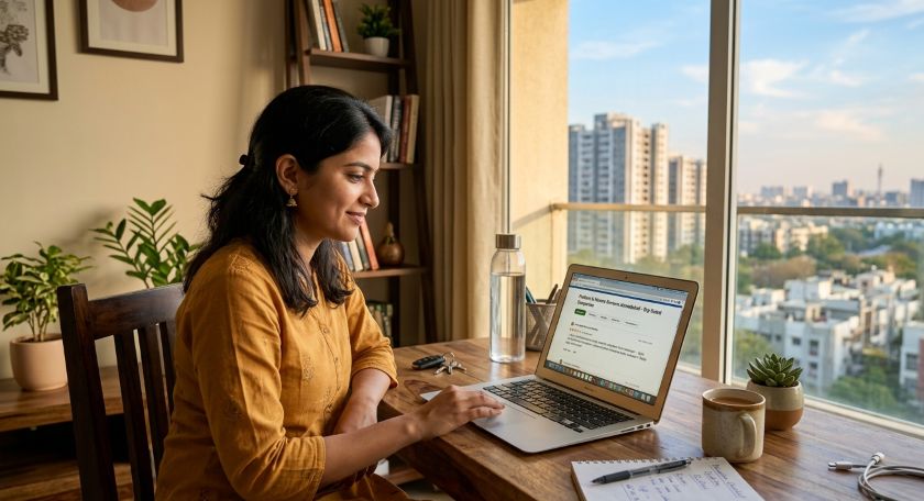 Customer checking movers reviews on laptop before booking a house shift in Ahmedabad