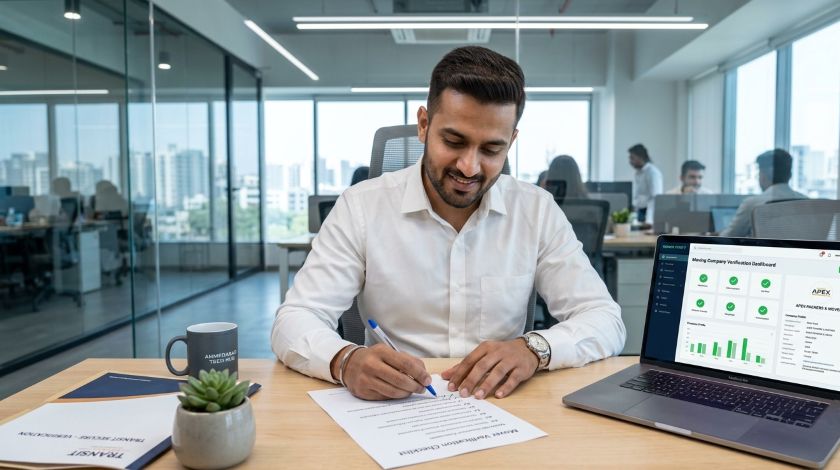 Reviewer going through a 25-point checklist to verify an Ahmedabad packing and moving company