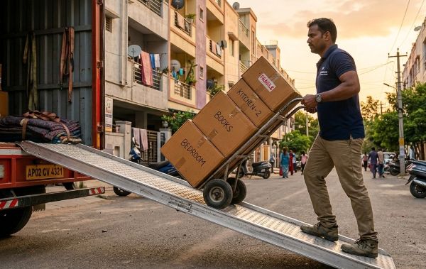 A portable aluminium loading ramp positioned between the rear of a moving truck and the ground to allow dolly access