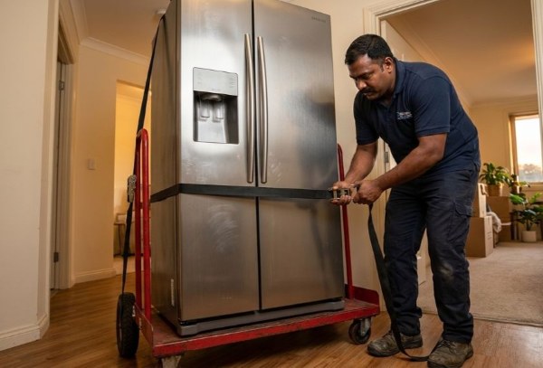 A mover securing a tall refrigerator upright on a heavy-duty appliance dolly using rubber straps before moving it