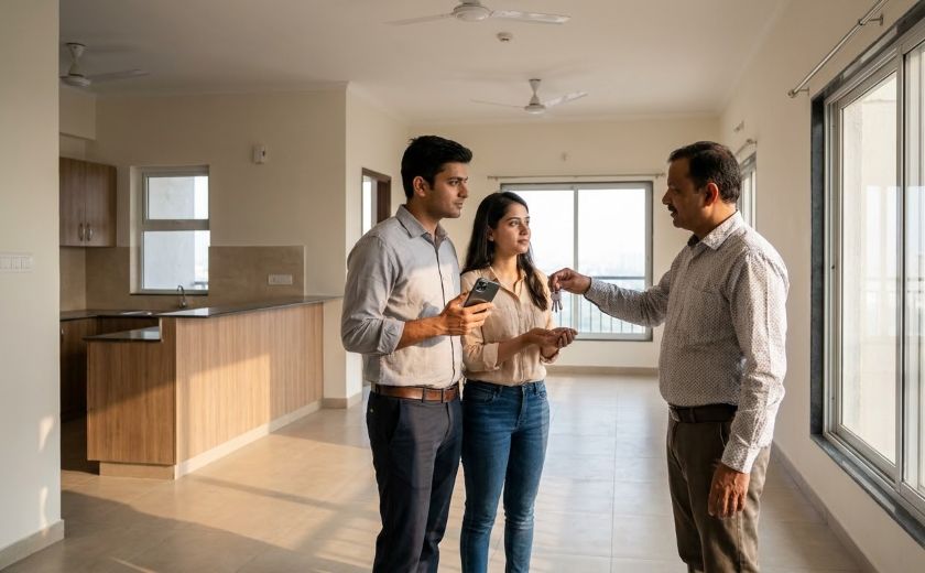 Tenant receiving apartment keys at open flat door before move-in inspection