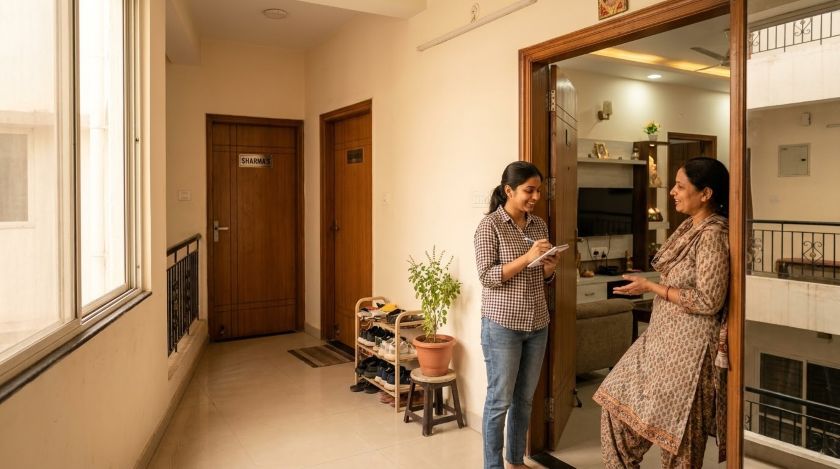 Prospective tenant speaking to an existing resident at an apartment doorway in India while taking notes before renting