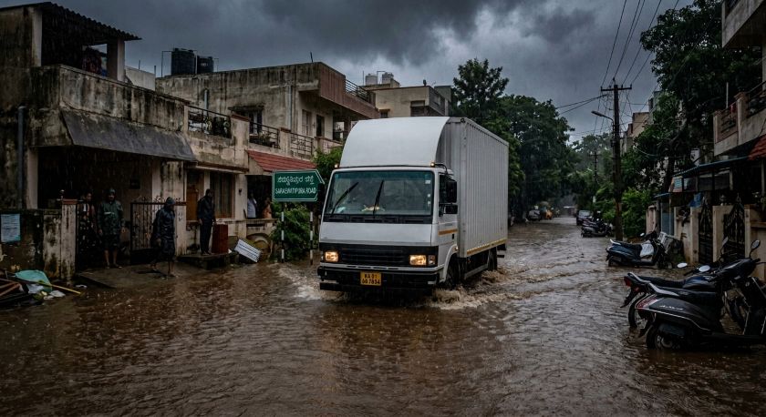 A moving truck driving through a knee-deep flooded road in Koramangala Bangalore during peak monsoon with waterlogged pavements visible on both sides