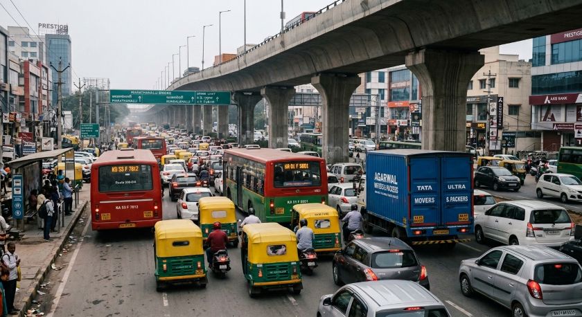 Bumper-to-bumper traffic on Bangalore Outer Ring Road near Marathahalli at 9 AM with buses trucks and autos backed up under a flyover