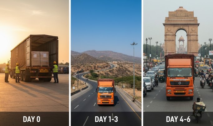 Typical 6-day moving timeline from Bangalore to Delhi with overnight stops