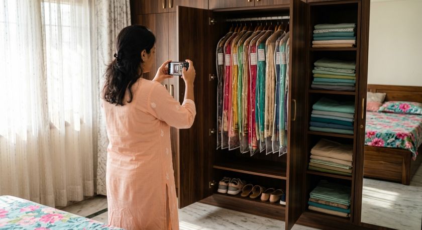 Open wardrobe with neatly arranged clothes being photographed on a phone before packing for home shifting