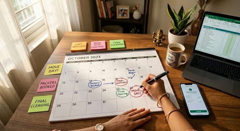Person marking the best time to move on a monthly calendar with sticky notes and a pen