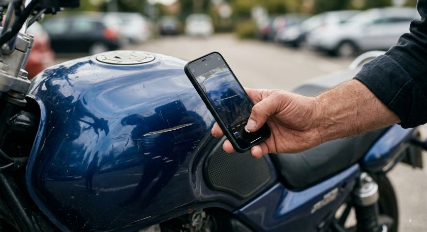 Motorcycle inspection and photo documentation before transport for damage proof and insurance