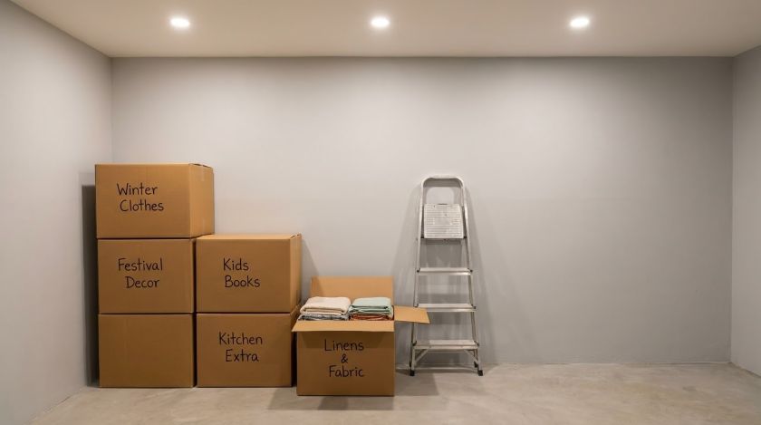 Labelled cardboard boxes stacked neatly in a home storeroom