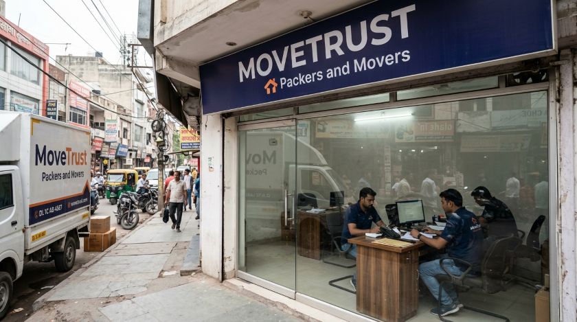 A packers and movers branch office with staff visible through the storefront window and a company signboard outside
