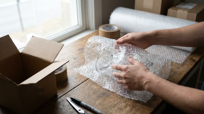 Hands wrapping a glass showpiece in bubble wrap before placing it into a small moving box
