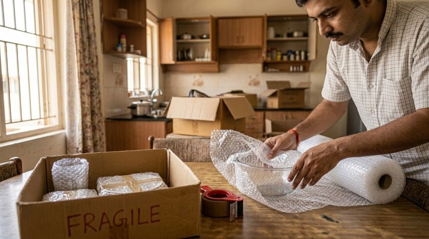 Movers wrapping fragile glassware in bubble wrap before loading boxes for a local shift