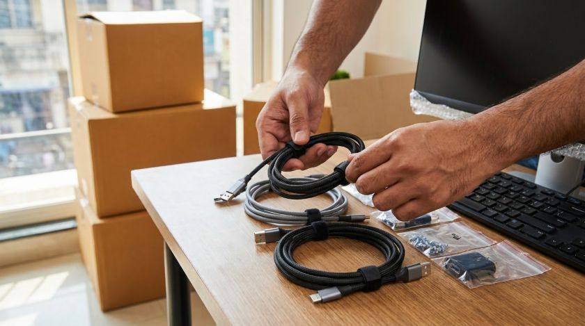Cables from a desktop computer being bundled and labeled in a home office