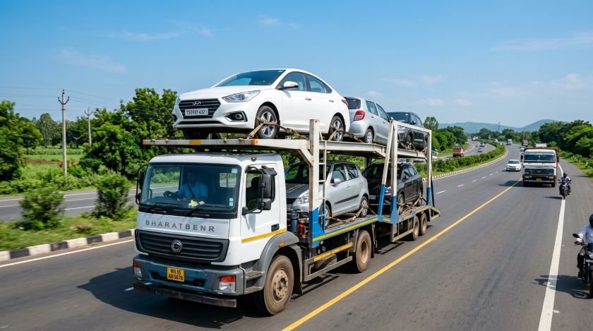 White sedan secured on an enclosed carrier truck moving on a national highway during daytime vehicle transport