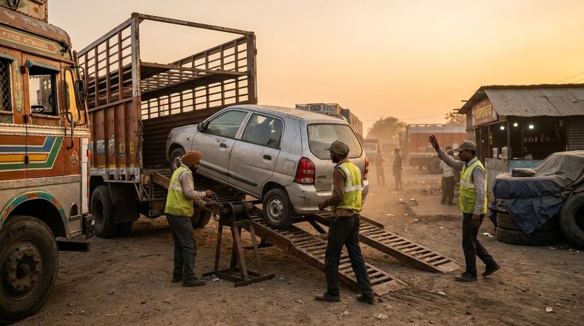 A sedan being winched up the ramp of an open car transport truck for relocation