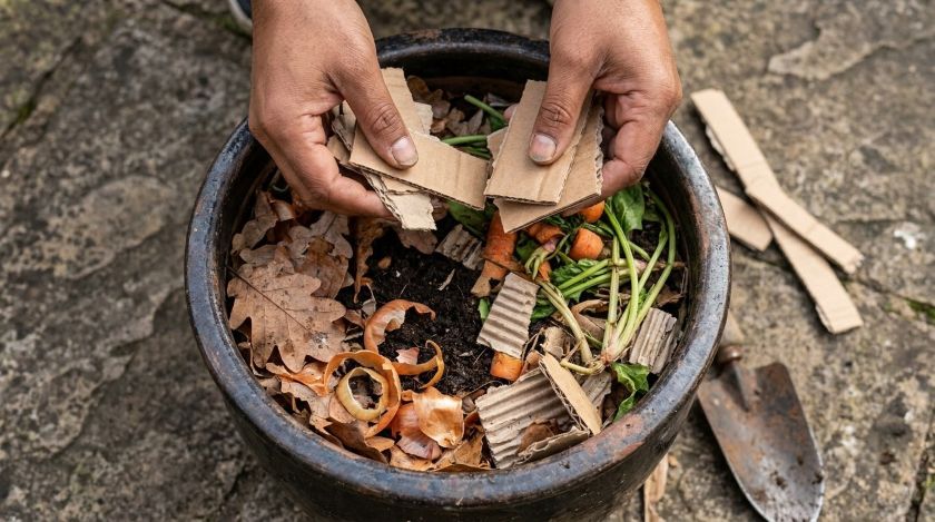 Hands placing torn cardboard into a compost bin with vegetable scraps