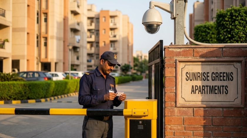 Security guard checking ID at a gated residential society entrance with CCTV cameras visible overhead