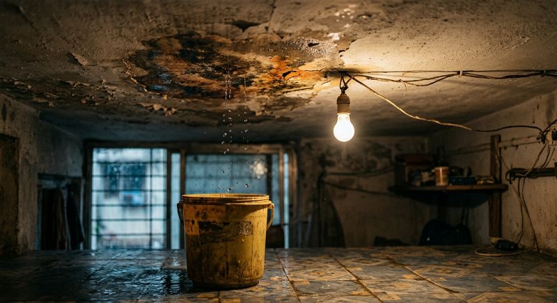 Rainwater dripping from a stained ceiling into a bucket during monsoon
