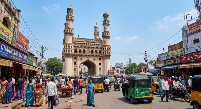 Charminar monument viewed from a busy Hyderabad street during the day