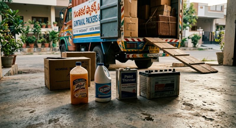 Household cleaning liquids, bleach bottles, paint cans and a car battery lined up outside before a house move