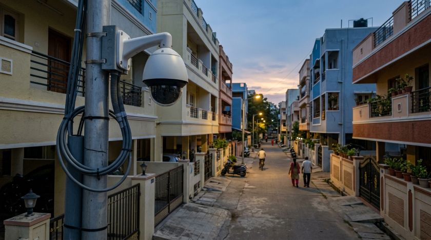 A well-lit Chennai residential street with a CCTV camera mounted on a pole in the evening
