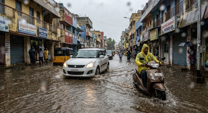 A waterlogged Chennai street with vehicles wading through floodwater during monsoon rains