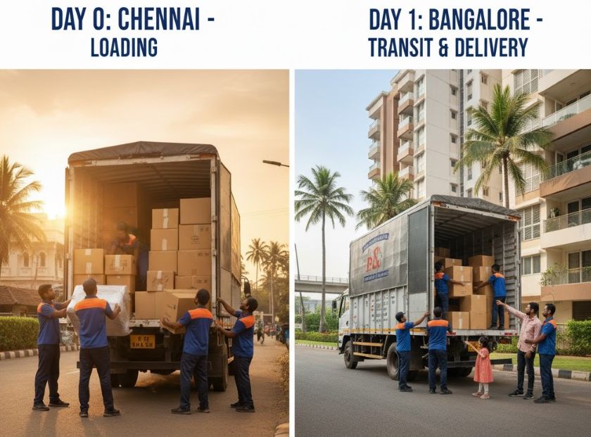 Typical 2-day moving timeline from Chennai to Bangalore with breaks