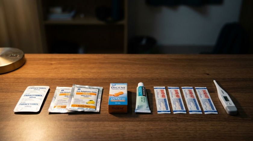Organised college student medicine kit with paracetamol strips, ORS sachets, antiseptic cream, and a thermometer arranged neatly on a hostel study desk
