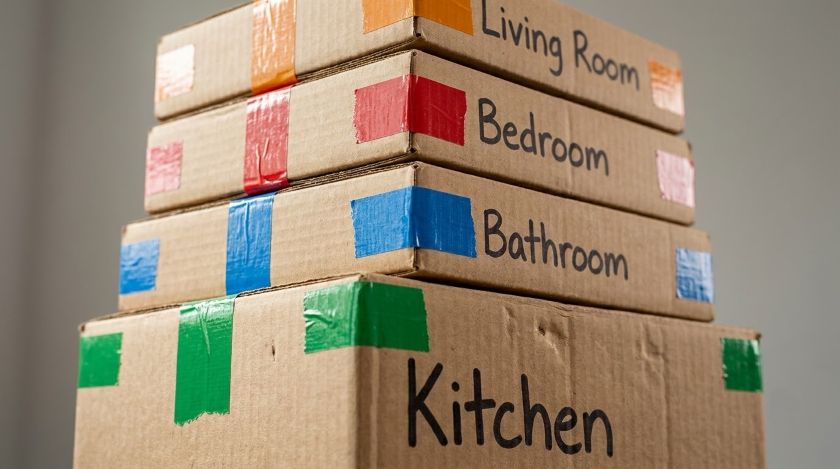 Stack of moving boxes wrapped in different colored tape for each room