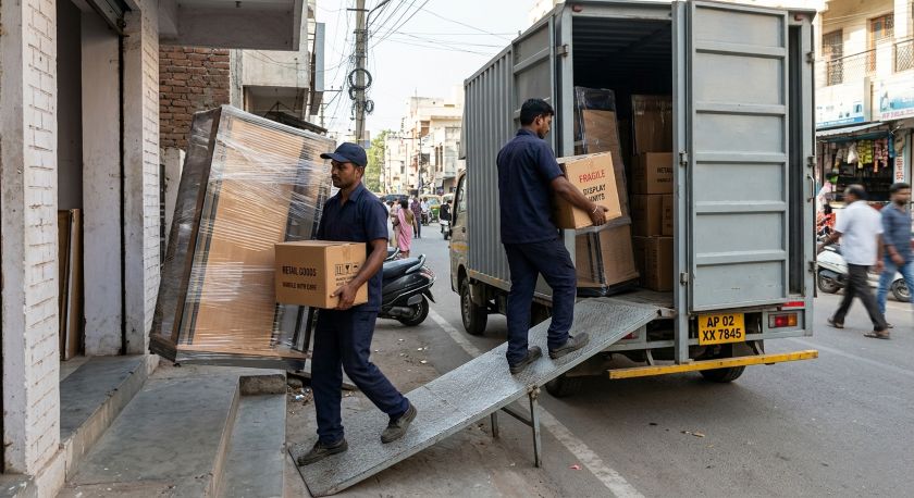 Commercial movers carefully loading wrapped retail display fixtures and carton boxes onto a moving truck outside a shop