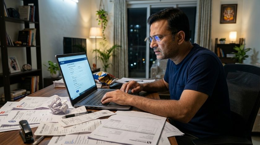 Person at a desk with printed invoices and receipts filing an online consumer complaint on a laptop