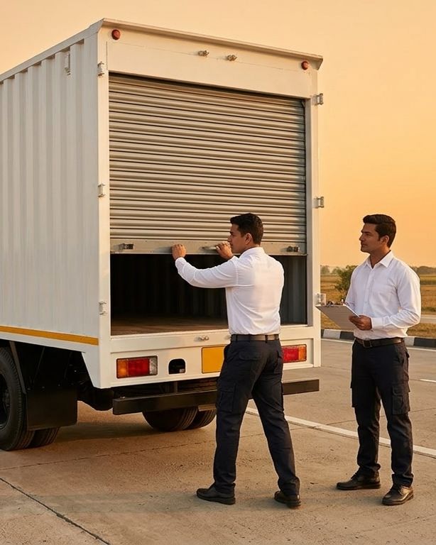 A fully loaded 32-foot white container truck stopped on the shoulder of a wide National Highway in India at golden hour, with two movers in uniforms securing and padlocking the rear rolling shutter before departure on a long-distance 4 BHK villa relocation