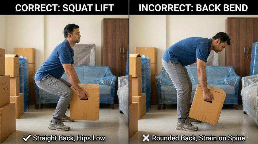 Mover squatting low with a straight back, gripping a sealed cardboard box from underneath before standing up