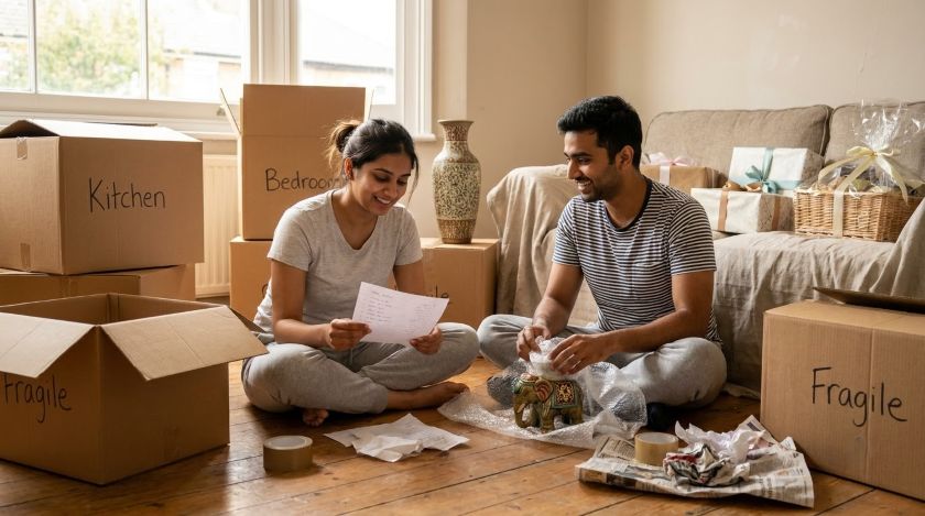 Couple sitting on the floor sorting household items and wedding gifts into labelled moving boxes