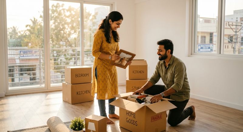 Couple smiling while unpacking boxes in a bright new apartment