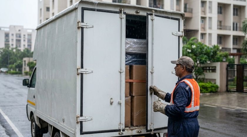 Mover in an orange safety vest latching the rear doors of a closed moving truck in the rain, with wrapped cartons packed neatly inside