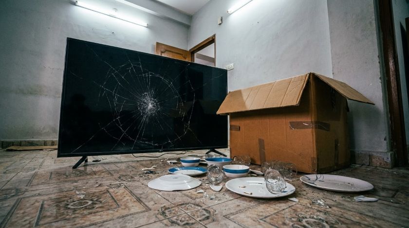 Cracked flat screen TV and shattered crockery on the floor next to a moving box during a self-move