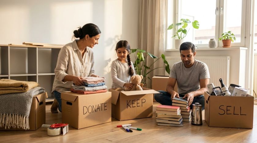 Homeowner sorting household items into donate and keep boxes before a move
