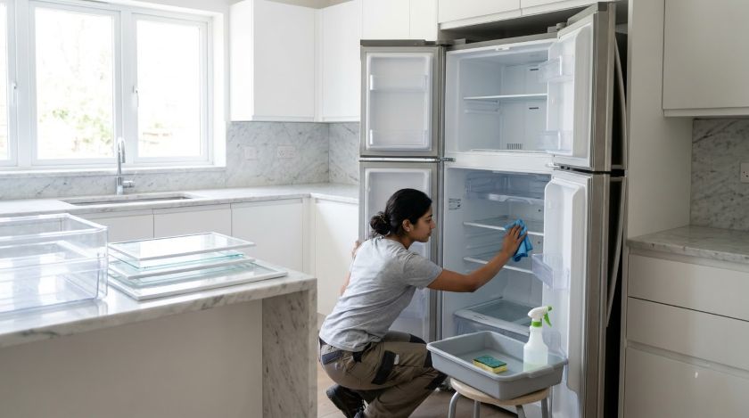 A person wiping down and cleaning out a refrigerator before moving day